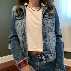 Plaid jean jacket with detachable hood